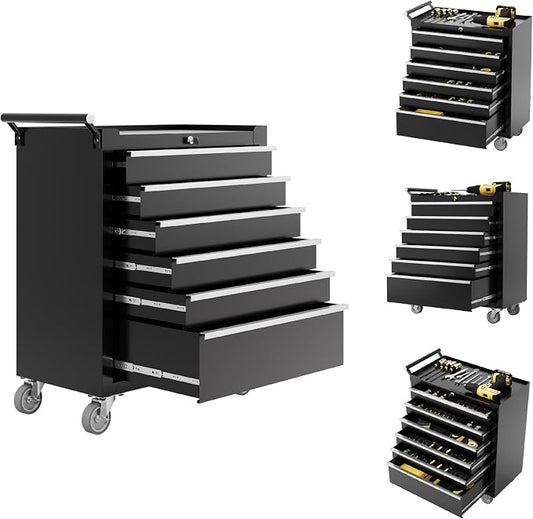 IDEALHOUSE Rolling Tool Chest, 6 Drawers Tool Storage Cabinet, Toolbox with Wheels, Portable Tool Cabinet Organizer with Locking System & Drawer Liners, Tool Storage Cart for Garage, Workshop, Black