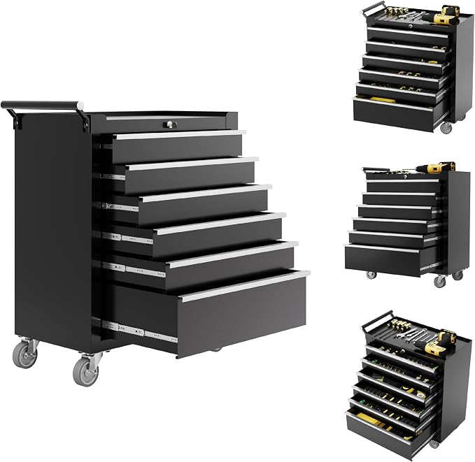 Rolling Tool Chest with Wheels, 6 Drawer Tool Storage Cabinet, Portable Toolbox Organizer with Lock, Heavy Duty Tool Chest Cart for Garage, Mechanic, Workshop, Shop, Mobile Tool Organizer, Black