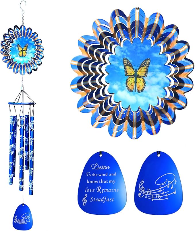 Memorial Wind Chimes with Animated Butterfly Wind Spinner, Wind Chime Outdoor Clearance, 33 inch Sympathy Windchimes, Outdoor Garden Decor & Heartfelt Gifting, Suitable as A Gift for Unisex