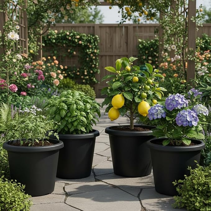 4 Pack 16 Inch Large Planters for Outdoor Plants, Heavy-Duty Plastic Plant Pots with Drainage Holes - 30L Capacity Indoor Outdoor Flower Pots, 16" Diax12" Tall, Cement Textured Patio Garden Containers