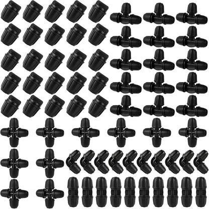 70 Pcs 1/4 Inch Drip Irrigation Fittings Kit,Drip Irrigation Hose Connector for 1/4 Inch Drip Tubing with 25 End Plugs, 15 Tees,10 Straight Couplings,10 Elbows,10 Cross 4-Way Connector