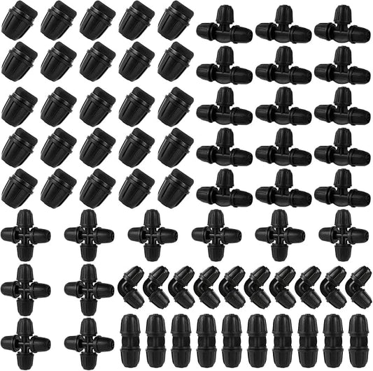 70 Pcs 1/4 Inch Drip Irrigation Fittings Kit,Drip Irrigation Hose Connector for 1/4 Inch Drip Tubing with 25 End Plugs, 15 Tees,10 Straight Couplings,10 Elbows,10 Cross 4-Way Connector
