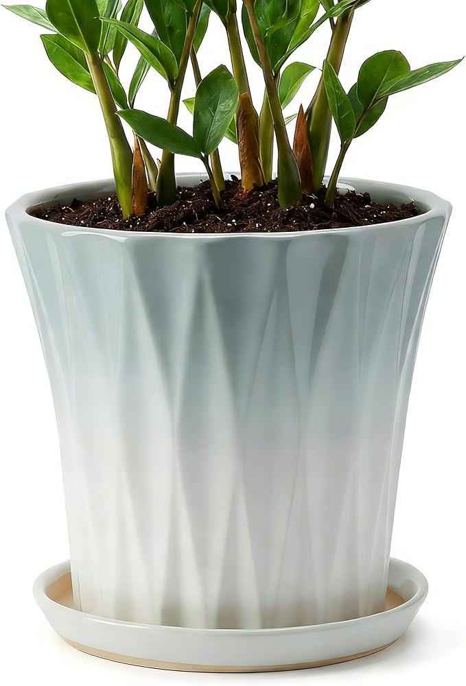 10 Inch Ceramic pots for Plants with Saucer Drainage Leak-Proof Mesh, Round Plant Pot with Gardening Gloves for Indoor Outdoor Plants (Rippled Grey)