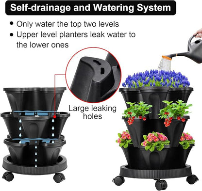 GameXcel Vertical Planter, 3 Tier Stackable Strawberry Planter with Garden Tool Set, Movable Indoor/Outdoor Garden Herb Pot for Growing Vegetables and Succulents, Black