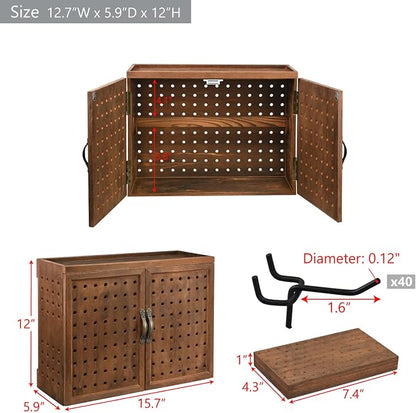 Ikee Design Wooden Pegboard Tool Organizer Box with Doors Wall Mount or Benchtop Jewelry Tool Storage with 40 Hooks & Bur Holders, Workshop Garage Craft Organizer Cabinet, Brown