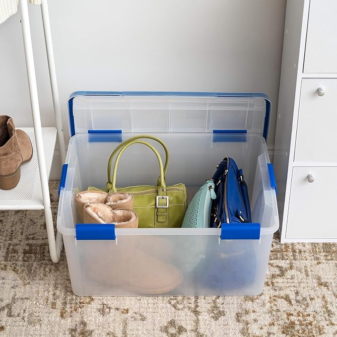 IRIS USA WeatherPro 60 Qt Storage Bins with Lids, 3 Pack, BPA-Free Plastic Gasket Box with Tight Latch and Seal, Stackable Nestable Tote Tub - Clear/Blue
