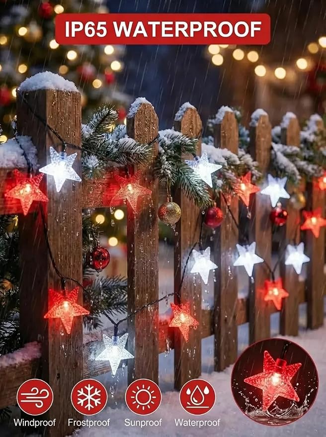 Twinkle Solar Star String Lights Red White Outdoor 39FT /100 L Fairy Lights | 8 Modes Camping Garden Wedding Party Tree Holidays Backyard Patio