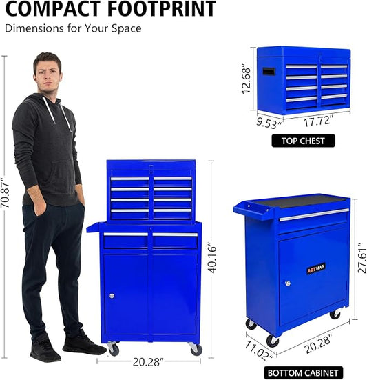 5-Drawer Tool Chest, Detachable Top Box for Garage,Blue | Rolling Mobile Storage Cabinet Organizer with Lockable Wheels for Workshop Utility, Heavy Duty Metal Construction
