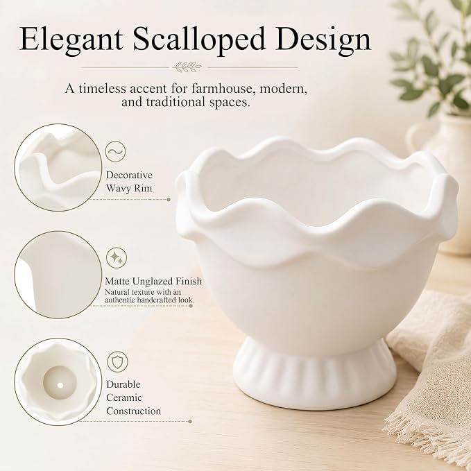 1 Pack White Ceramic Plant Pots Small Rustic Decorative Planter Home Decor Scalloped Modern Flower Planter for Farmhouse Outdoor Garden Indoor Home Decor (6.3in, Novel)