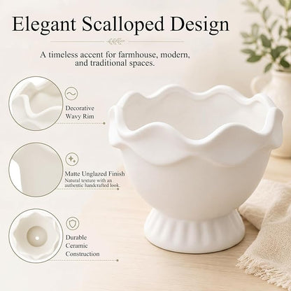 1 Pack White Ceramic Plant Pots Small Rustic Decorative Planter Home Decor Scalloped Modern Flower Planter for Farmhouse Outdoor Garden Indoor Home Decor (6.3in, Novel)