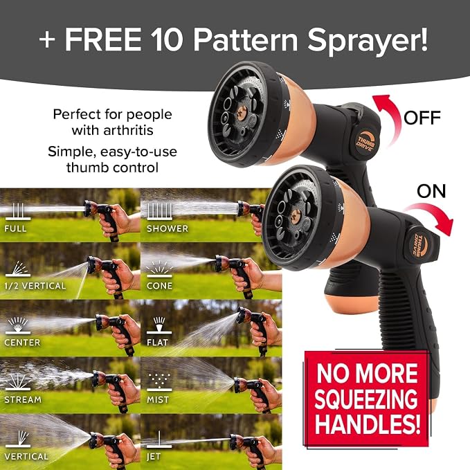 Pocket Hose 75 FT Copper Bullet Expandable Garden Hose w/10 Pattern Thumb Spray Nozzle AS SEEN ON TV 650psi 3/4 in Patented Lead-Free Ultra-Lightweight Solid Copper Anodized Aluminum | 10 pattern thumb spray nozzle, anti-burst upto 650 psi, 3/4 in, lea...