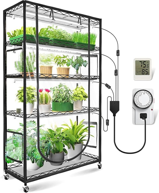 JESLED Indoor Greenhouse with Grow Light, 35.4x13.8x70IN | 3FT Full Spectrum 5000K LED Light for Seed Starting, Tiered Lighting Control, Built-in Timer & Thermo-Hygrometer