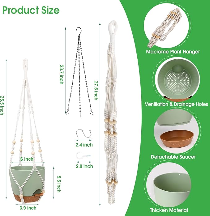 Vanslogreen Hanging Planters for Indoor Outdoor Plants, 2 Pack Self Watering Hanging Pots, Hanging Plant Baskets with Drainage Holes & 2 Types of Plant Hangers (Green, 6'')