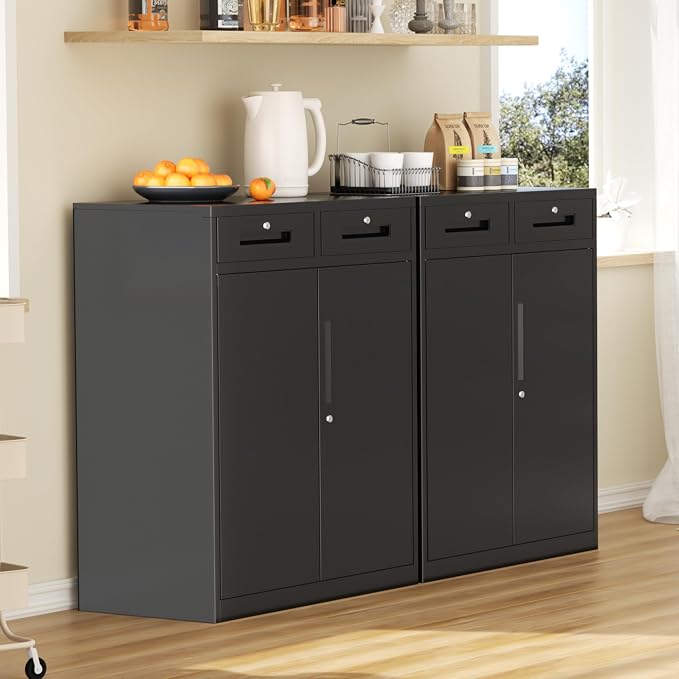INTERGREAT Metal Garage Storage Cabinets with Lock,Steel Storage Cabinet with Drawer and 2 Adjustable Shelves, Small Lockable Office Steel Cabinet for Home, Warehouse, School, Black