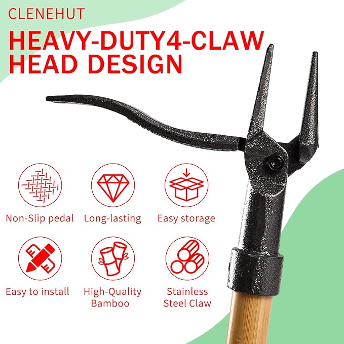 Weeder - Stand Up Weed Puller Tool Made with Long Handle - Real Bamboo & 4-Claw Steel Head, Easily Remove Weeds Without Bending, Pulling, or Kneeling.