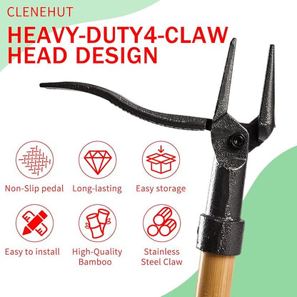 Weeder - Stand Up Weed Puller Tool Made with Long Handle - Real Bamboo & 4-Claw Steel Head, Easily Remove Weeds Without Bending, Pulling, or Kneeling.