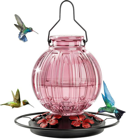 Glass Hummingbird Feeder for Outdoors Hanging, 26Oz Bird Nectar Feeder with Perch & 5 Flower Feeding Ports, Leak Proof for Outside Garden Decor Backyard, Gifts for Women Mom, Pink