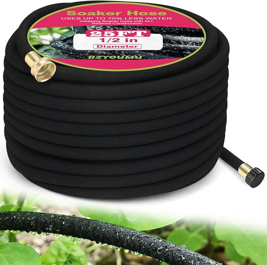 Round Soaker Hose, 1/2 Inch x 25 FT, Heavy Duty Leak-Proof Brass Connectors, Premium Upgraded Material, Efficient Root Watering & Water Saving, Easy Installation for Garden, Lawn & Plants