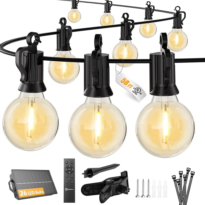 Brightown 58FT 26LED Solar String Lights Outdoor with Remote & USB Port, Shatterproof Bulbs, Dimmable & Timable, 3 Modes, Patio Lights with Mount Clips for Backyard Garden Decor - Last for 36+Hrs