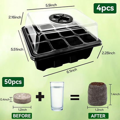 Halatool 8 Pack Seed Starter Tray with 100 PCS Peat Pellets, 96 Cells Black Seeding Starter Trays for Organic Seed Starter Soil Pods for Planting Vegetables Plants Flowers - Starting Seeds Kit