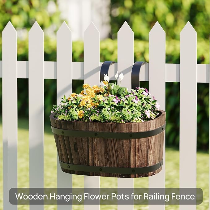 2PACK Wood Hanging Planter, Railing Planter Box, Carbonized, Small | Hanging Flower Pots, window boxes planters, For Fence Outdoor Plants, balcony planters, Countryside Style, Cute Design