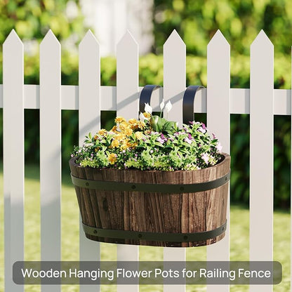 2PACK Wood Hanging Planter, Railing Planter Box, Carbonized, Small | Hanging Flower Pots, window boxes planters, For Fence Outdoor Plants, balcony planters, Countryside Style, Cute Design