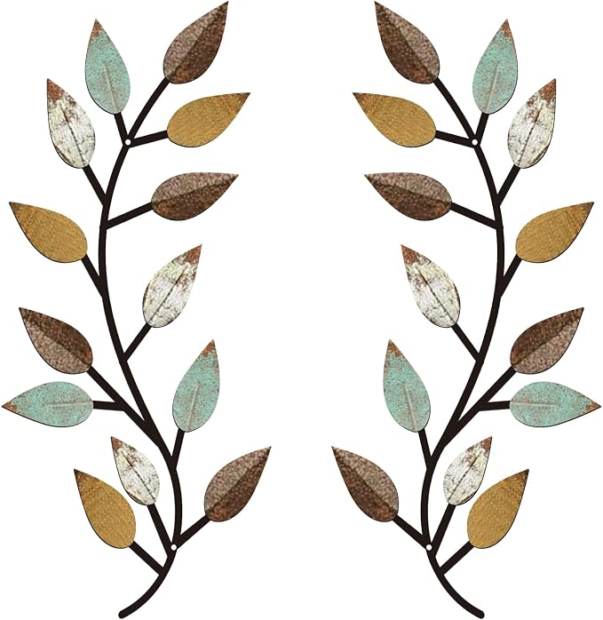 Zhengmy 2 Pieces Metal Tree Leaf Wall Decor Vine Olive Branch Leaf Wall Art Living Room, Hallway Wall Decor Outdoor Decoration(Bright Colors)