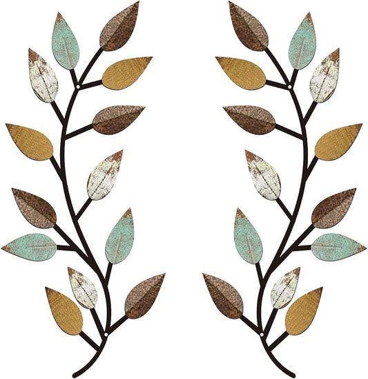 Zhengmy 2 Pieces Metal Tree Leaf Wall Decor Vine Olive Branch Leaf Wall Art Living Room, Hallway Wall Decor Outdoor Decoration(Bright Colors)