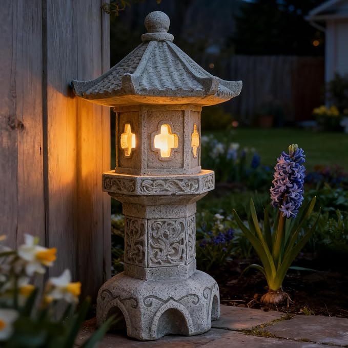 Zen Garden Pagoda Statue Solar Lantern Lights Outdoor Pathway Japanese Garden Decor for Backyard Patio Front Porch Zen Desk Yard Decoration Resin Asian Lantern Lawn Ornaments