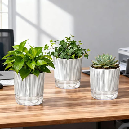 3 Pack Self Watering Pots Set, 4 Inch Self Watering Pots for Indoor Plants, Planter Pot with Wick Rope and Reservoir for African Violet, Spider Plant, Orchid