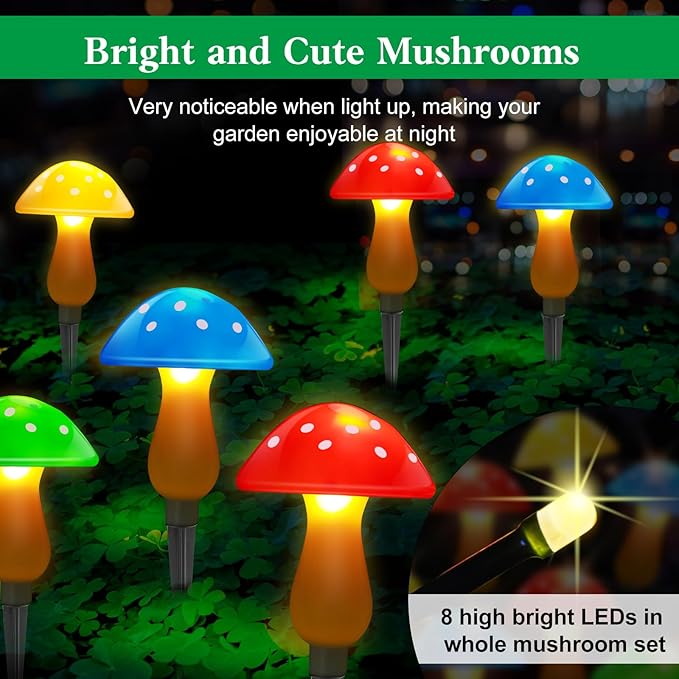 Mushroom Solar Lights Outdoor Waterproof Outside Garden Yard Lawn Decors | Long Lasting Stake Lights 8 Mushrooms 8 Modes Flowerbed Pathway Decorations