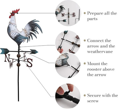 TERESA'S COLLECTIONS Garden Decor with Solar Outdoor Lights, White Rooster Yard Art Sign for Outside, 39.4'' Metal Weathervane Decorative Garden Stake for Outdoor Decor, Lawn, Gifts for Fathers Day