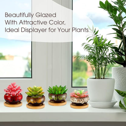 48 Pcs Ceramic Succulent Pots 2.5 Inch Small Plant Pots Indoor with Drainage and Bamboo Saucers Colorful Succulent Flower Planters for Garden Plants Home Decor