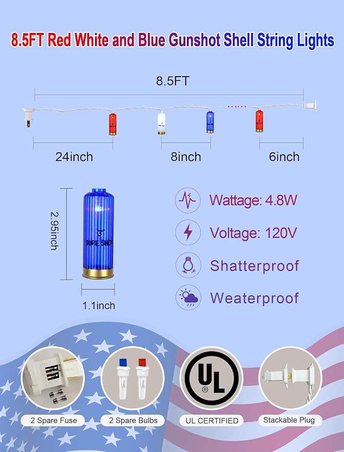 8.5Ft 4th of July String Lights, 10L LED Red White and Blue Shotgun Shell Lights Plug in for Home Classroom Porch Backyards Tree Patriotic Holiday Decorations, Indoor and Outdoor Use