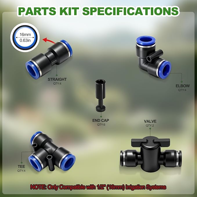 20PCS 1/2" Drip Irrigation Connectors, Quick Connect Drip System Parts | 1/2 Quick Connect Fittings Kit, Including Straight, Tee, Elbow Connectors, Valves, End Caps, Leak-free Drip Irrigation Parts
