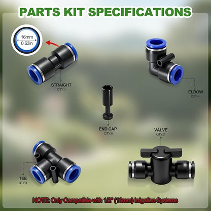 20PCS 1/2" Drip Irrigation Connectors, Quick Connect Drip System Parts | 1/2 Quick Connect Fittings Kit, Including Straight, Tee, Elbow Connectors, Valves, End Caps, Leak-free Drip Irrigation Parts