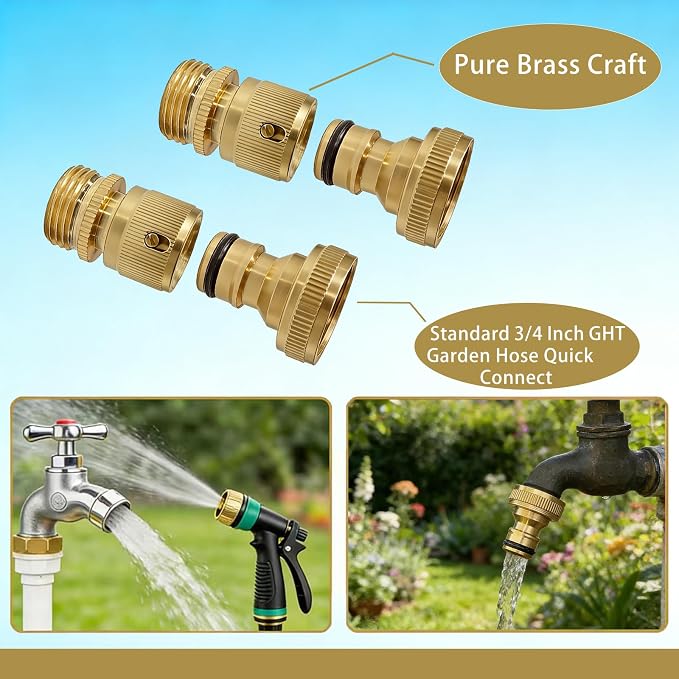 3/4 Inch GHT Solid Brass Garden Hose Quick Connect Fittings, Water Hose Connectors with Leak-Proof Seal for Outdoor Gardening and Cleaning Use (4, Gold)