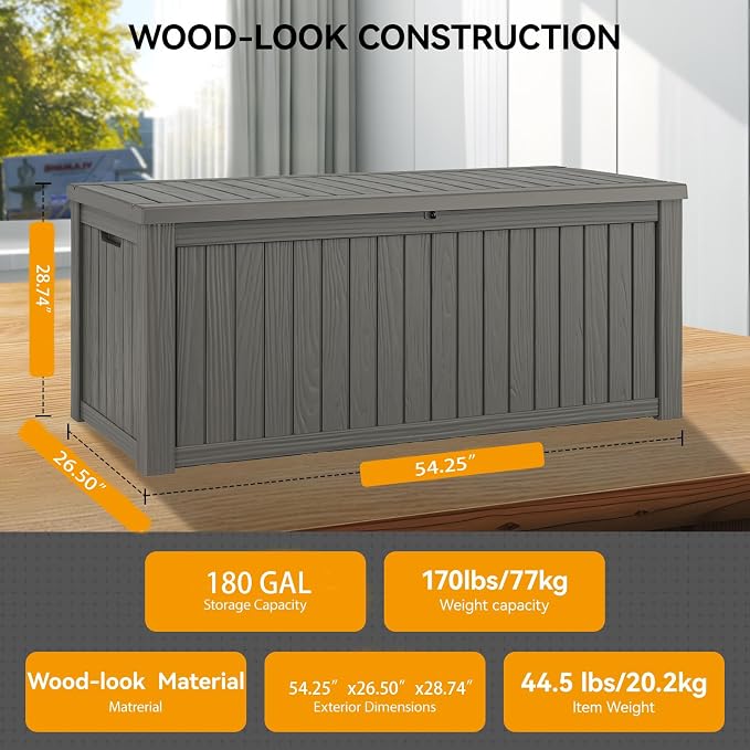 Outdoor Storage Box, 180 Gallon Resin Deck Boxes Outdoor Waterproof For Patio Furniture, Garden Tools, Pool Supplies, Lockable And UV Resistant (Striped Gray)