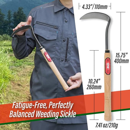 SUIZAN Nejiri Kama 2-in-1 Weeding Sickle 15.8" – Twist Blade for Root Removal & Crescent Blade for Grass Cutting – Japanese Garden Tool for Lawn & Yard