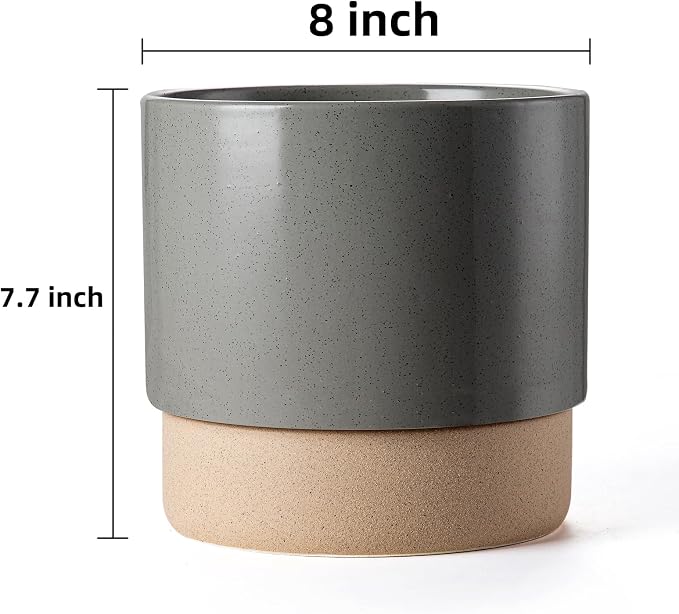 8 Inch Ceramic Self Watering Planter with Drainage Hole, Dark Grey | Indoor Plant Pot with Water Storage Plus - for African Violet, Herbs & Pothos - Home & Office Decor, Cylinder Round