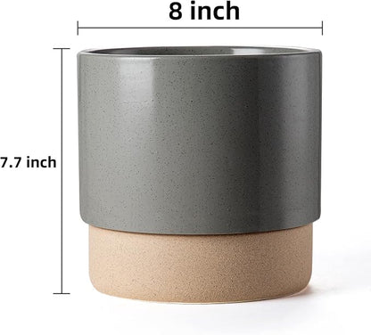 8 Inch Ceramic Self Watering Planter with Drainage Hole, Dark Grey | Indoor Plant Pot with Water Storage Plus - for African Violet, Herbs & Pothos - Home & Office Decor, Cylinder Round