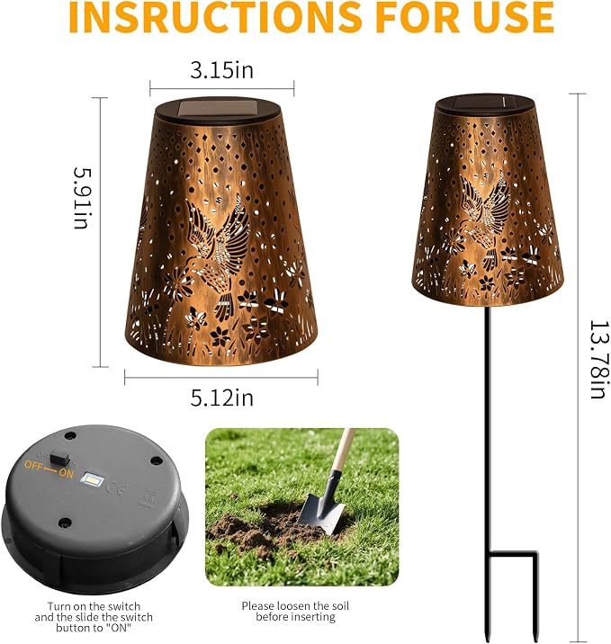 Solar Pathway Lights Outdoor, LED Bright Metal Retro Waterproof, Outside Decorative Hummingbird Lanterns Solar Powered for Path Lawn Patio Yard Walkway (Hummingbird 2P)