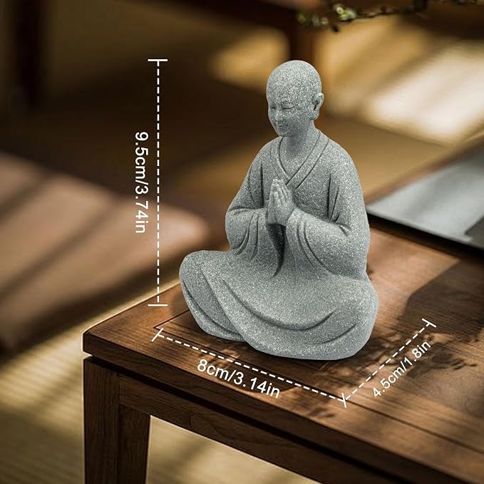 Zen Monk Statue Meditation Decor - Craft Sandstone 3.7inch Small Buddha Statue, Praying Pose for Desk Decor, Unique Gift for Buddha Lovers