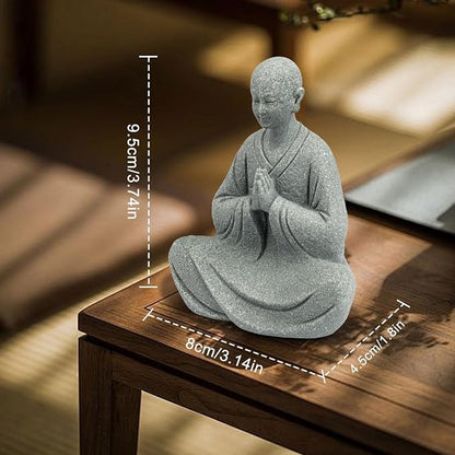 Zen Monk Statue Meditation Decor - Craft Sandstone 3.7inch Small Buddha Statue, Praying Pose for Desk Decor, Unique Gift for Buddha Lovers