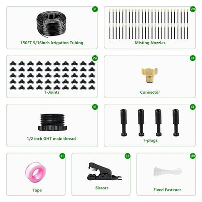 150FT Drip Irrigation System for Garden – Automatic Watering Kit with Solid Brass Metal Connectors, 360° Bendable Tubing &50 Adjustable Nozzles for Greenhouse, Lawn, Yard & Plants