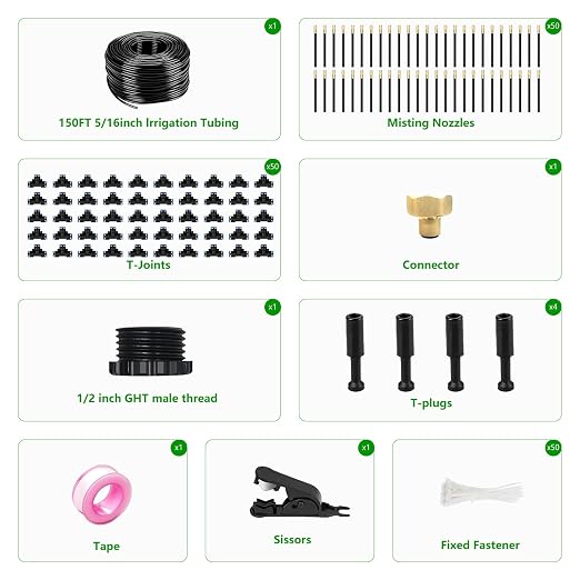 150FT Drip Irrigation System for Garden – Automatic Watering Kit with Solid Brass Metal Connectors, 360° Bendable Tubing &50 Adjustable Nozzles for Greenhouse, Lawn, Yard & Plants