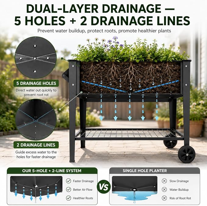 LEETOLLA Elevate 32" Tall Raised Garden Bed Outdoor with Wheels & Shelf for Mobility, 400LBS Capacity, Anti-Rust Steel Planter Box for Vegetables/Herbs, Patio-Balcony-Backyard