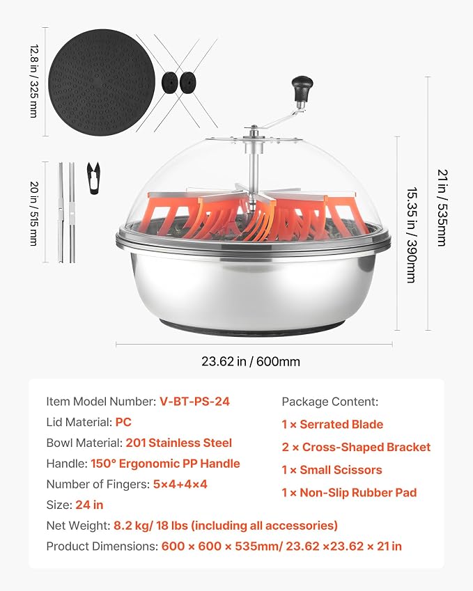 VEVOR Bud Leaf Bowl Trimmer 24", Spin Cutting Machine with Clear Visibility Dome, Sharp Stainless Steel Blades, Wet & Dry Trimming for Buds, Leaves, Hydroponics, Solid Metal Gear Box, and Hand Pruner