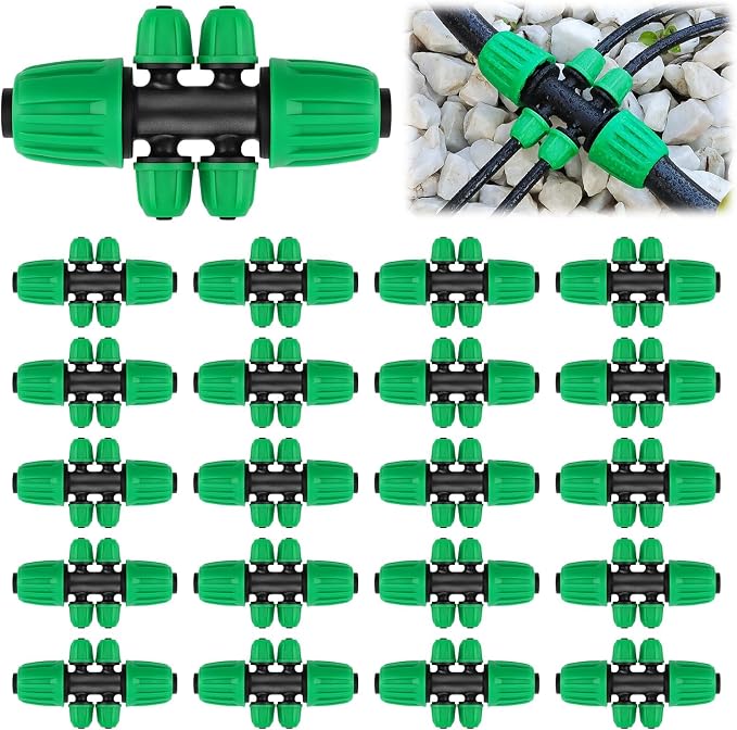 Kalolary 20PCS Locked Barbed Tee Connectors, 1/2” to 1/4” Drip Irrigation Fittings Kit 12/16mm to 4/7mm Tube Lock Female Connector 6-Way Barbed Lock Irrigation Parts for Watering System (Green)