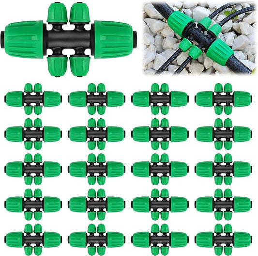 Kalolary 20PCS Locked Barbed Tee Connectors, 1/2” to 1/4” Drip Irrigation Fittings Kit 12/16mm to 4/7mm Tube Lock Female Connector 6-Way Barbed Lock Irrigation Parts for Watering System (Green)